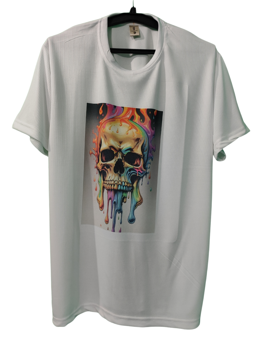 SKULL VECTOR ART IN VIBRANT COLOR PRINTED WHITE T-SHIRT,By Bulerabbit